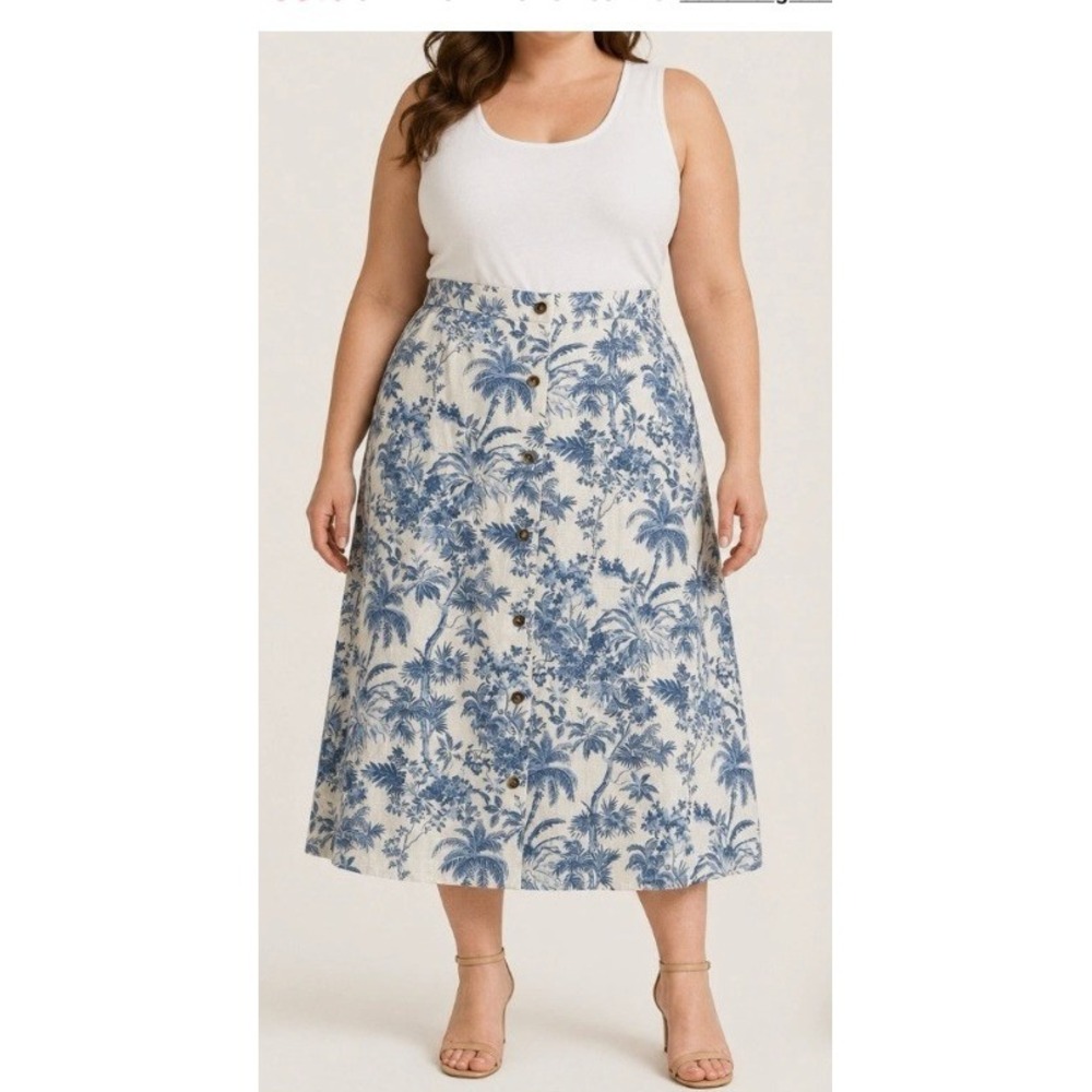 LC Lauren Conrad Women's Size XS Button Front Linen Blend Skirt White Blue Toile